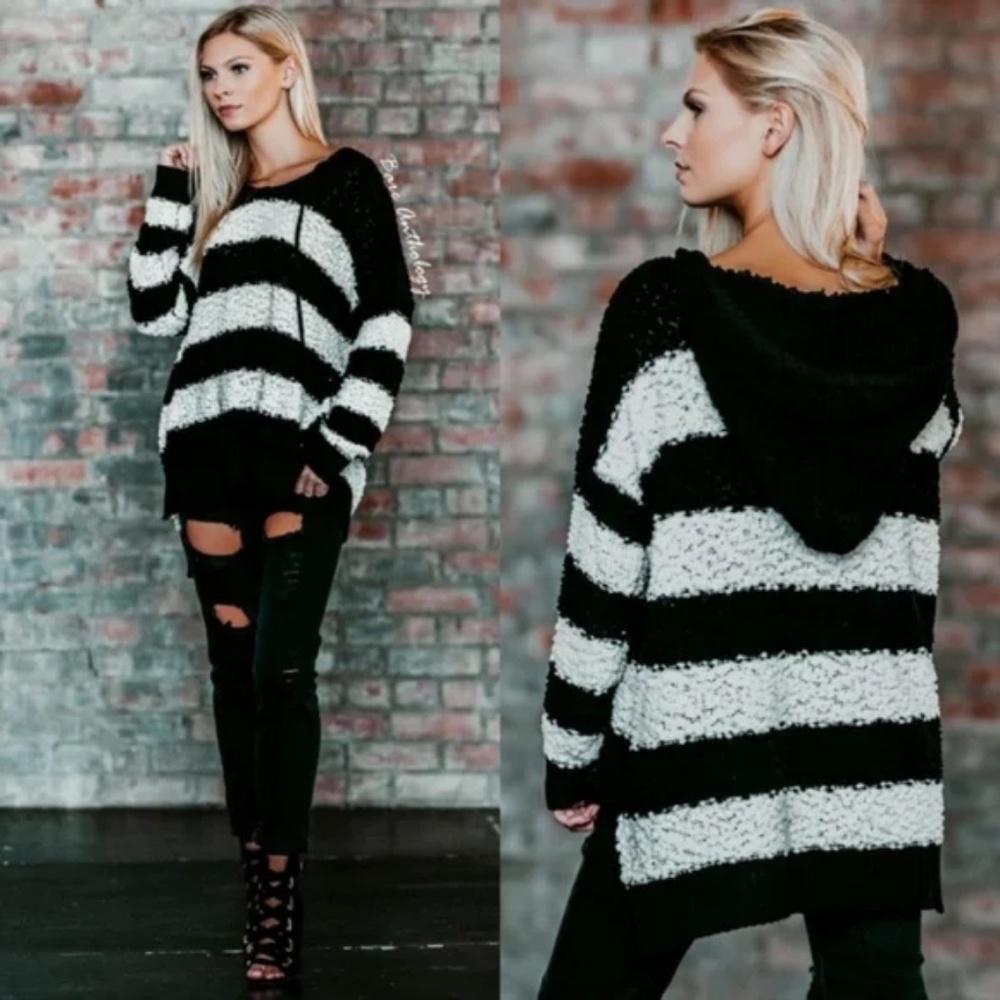 #48 Cozy Stripe Color Block Popcorn Hoodie Sweater Top - Picture 5 of 5